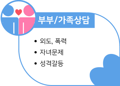 -개인상담 : 성격, 진로, 학습, 정신건강 -집단상담 : 진로, 학습, 가족, 대인관계, 품성계발, 자아성장 -부부/가족상담 : 외도, 폭력, 자녀문제, 성격갈등
